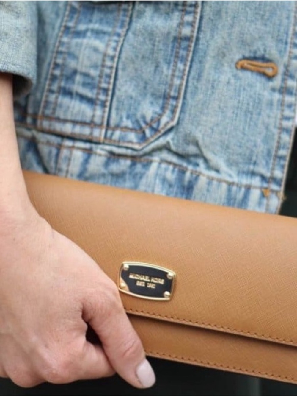 Michael Kors Tan Saffiano Leather Continental Wallet with Gold Plaque